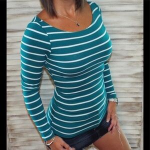 LAST 1 Striped Boat Neck Rugby Open Shoulder Emerald 1417